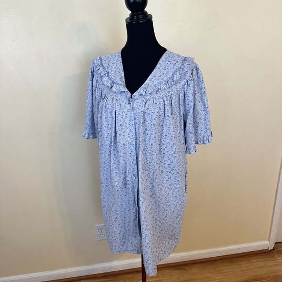 Simply Basic Blue Floral Housedress 2X Vintage Full Button Mumu Knee Length - Picture 2 of 10